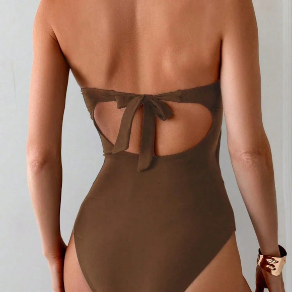 Brown Casual Women's All Hollow Metallic Decor Bodysuit - Picture 3 of 7